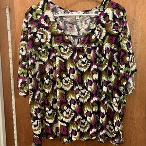 Size 3X(24/26W) - Terra & Sky - Multi-Colored Short Sleeve Pullover Shell